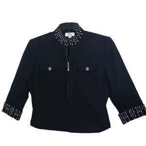 St John Sport Marie Gray Beaded Pearl Collar Cropped Jacket Blazer Black M Zip